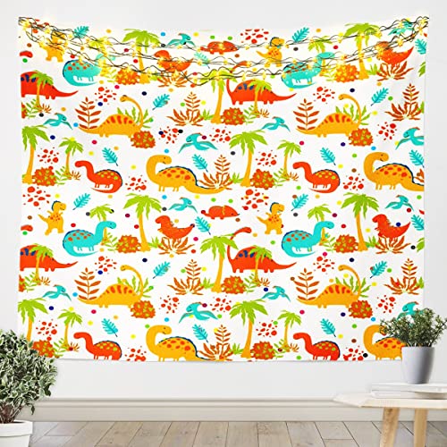Dinosaur Tapestry Wall Art Tropical Jungle Tapestries Kids Child Cartoon Wild Animal Wildlife Wall Hangings Art Kawaii Dino Botanical Plant Porch Hangings Dinosaur Room Decor For Boys,Teal Red Orange #TOP10