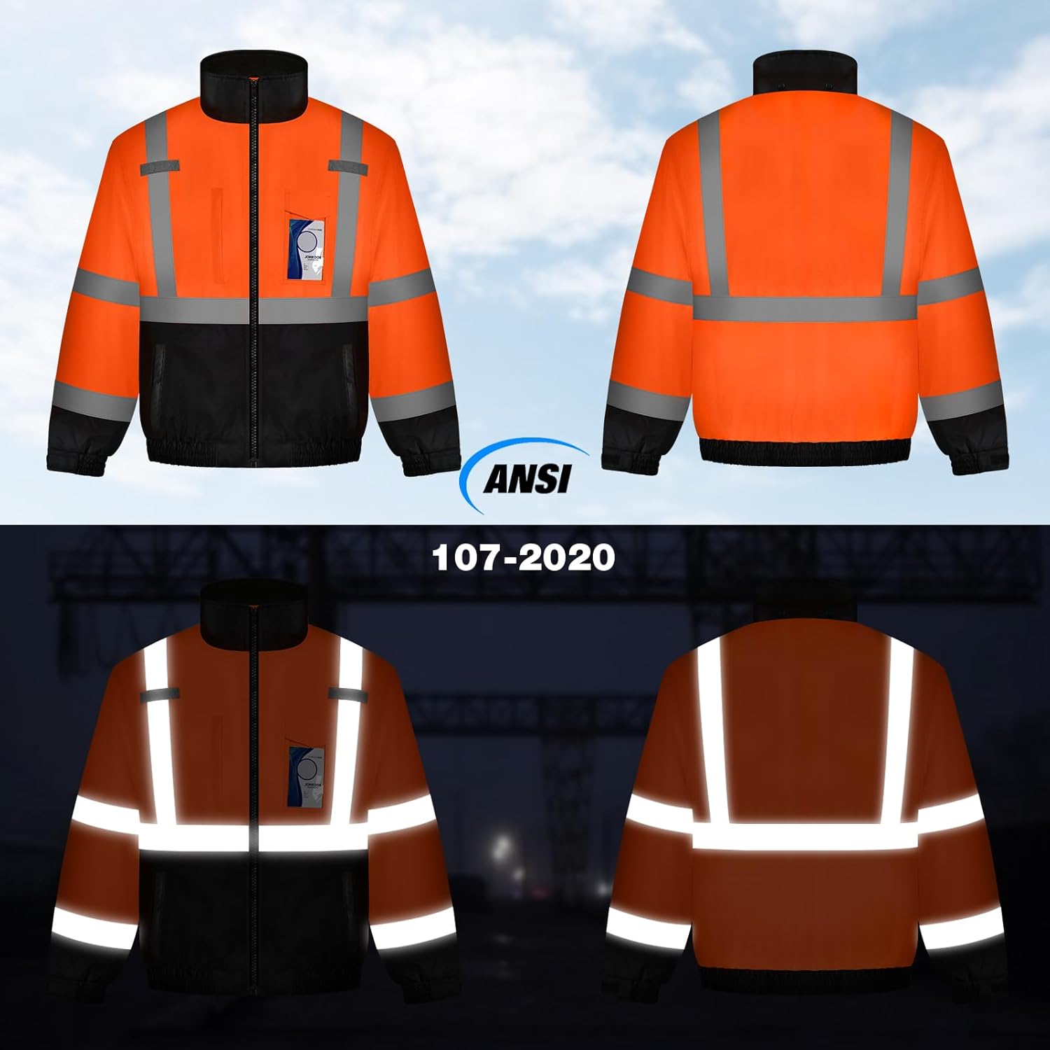 TCCFCCT Hi Vis Jackets for Men, Class 3 Reflective Safety Jackets for Men, Waterproof High Visibility Winter Bomber Rain Jacket for Mens Construction Work, High Vis Jacket, Meets Ansi, J-Orange XL - Image 2