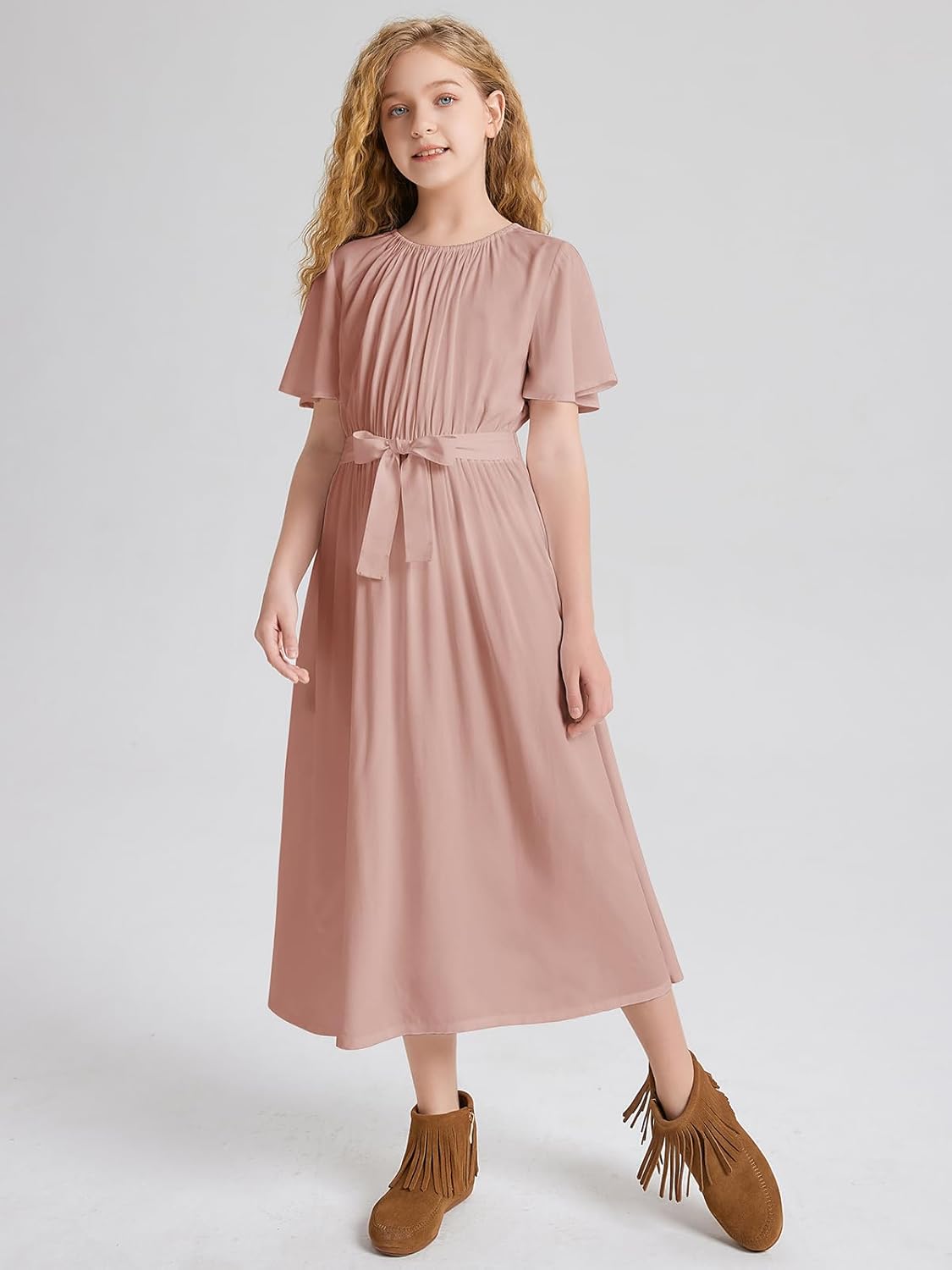 LaBeca Girls Casual Butterfly Sleeve Elastic Crew Neck Floral Printed Solid Color High Waist Midi Belted Dress with Pocket - Image 3