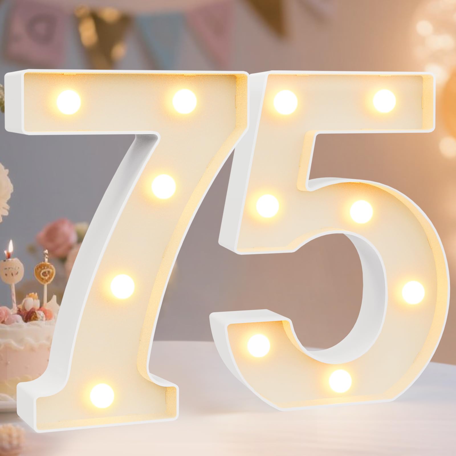 Photo 1 of Pooqla Decorative Led Light Up Number Letters, White Plastic Marquee Number Lights Sign for 75th Birthday Party Wedding Decor Battery Operated Number (75)