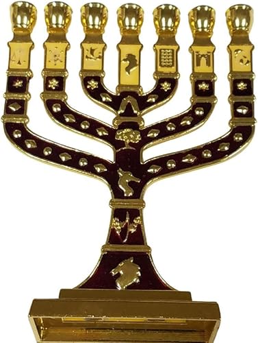 Miniatura 3 de Jerusalem Temple Menorah - Portavelas de metal con 7 ramas, 12 tribus de Israel, 4.7 pulgadas (oroazul)
