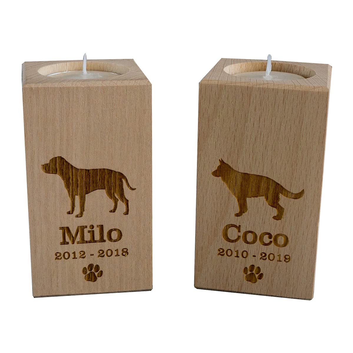 Dog memorial candle holder. Personalised wooden tea light holder. Custom engraved dog remembrance keepsake. Pet sympathy gifts