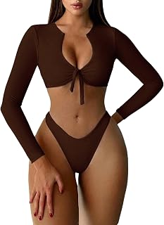 GORGLITTER Women's Long Sleeve High Cut Bikini Sets 2 Piece Bathing Suit | Rash Guard Swimsuit for Women, High Cut Surfing Swimsuits, Knot Front Cropped Bikini, Vacation Outfits