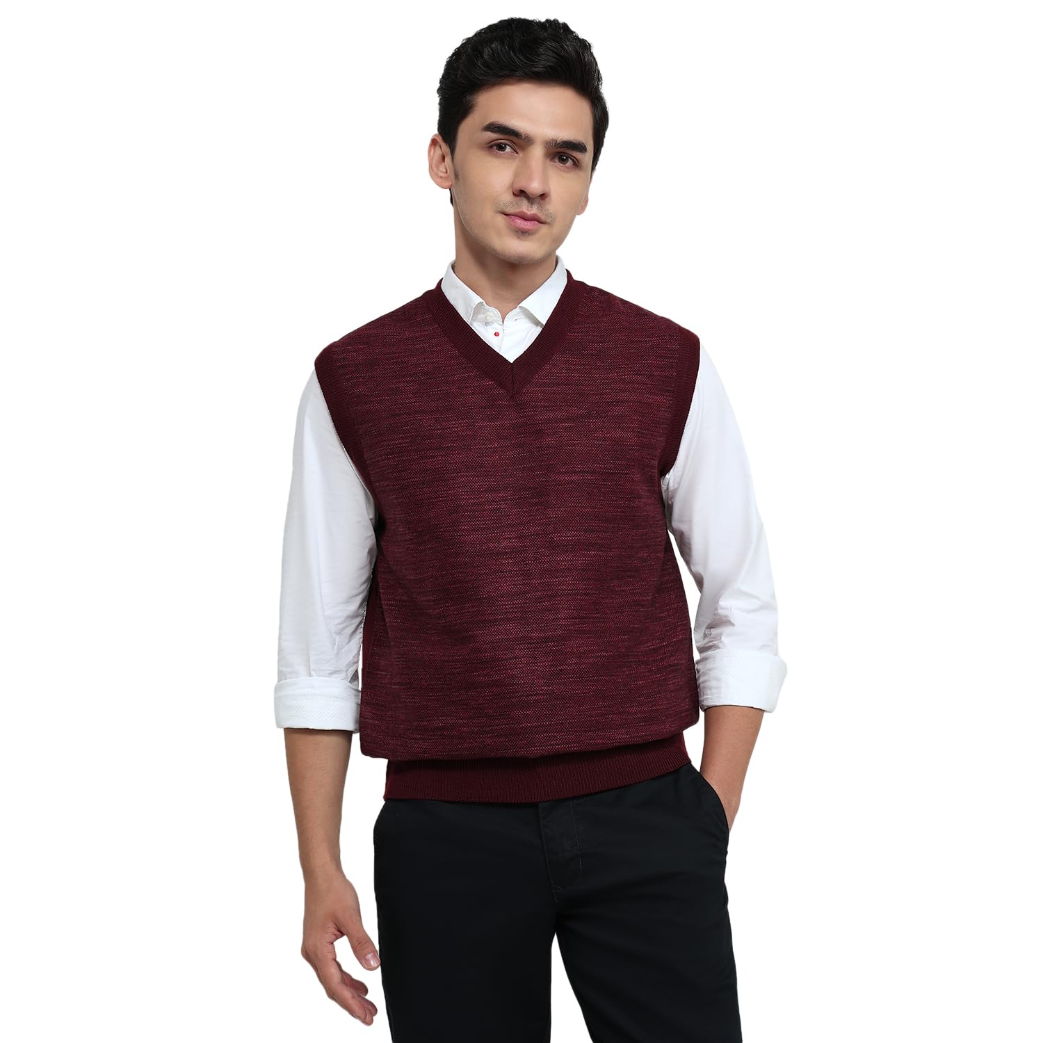 colorplus Men Regular Fit Tweed Pattern Poly Wool Acrylic Nylon Blend Sleeveless V Neck Casual Sweater Dark Violet-picture-33