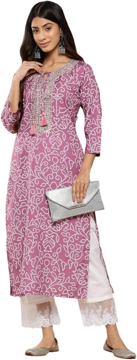Women Bandhani Embroidered Mirror Work Cotton Kurta – Ethnic Wear, Casual & Festive, Comfortable & Stylish