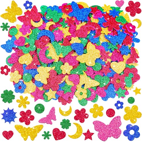 500Pcs Foam Stickers Glitter 3D Spring Flower and Butterfly Foam Shapes Stickers Self Adhesive Colorful Stickers for DIY Crafts Scrapbooking Classroom Arts Project Home Party Decor (Heart&Star&Moon)