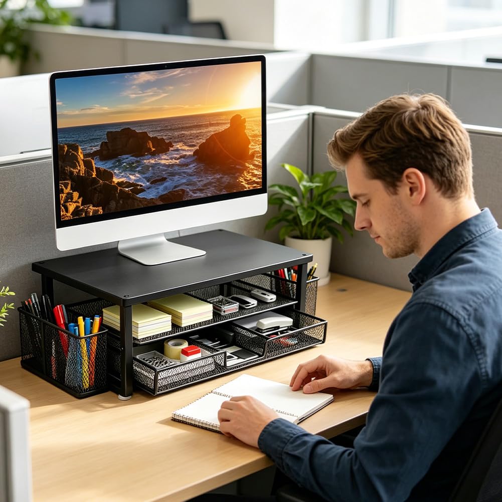 Supporto per monitor, scrivania rialzata con cassetto e portapenne, organizzatore da scrivania ergonomico a 2 livelli, stabile supporto per computer portatile, PC, stampante, scanner (nero)