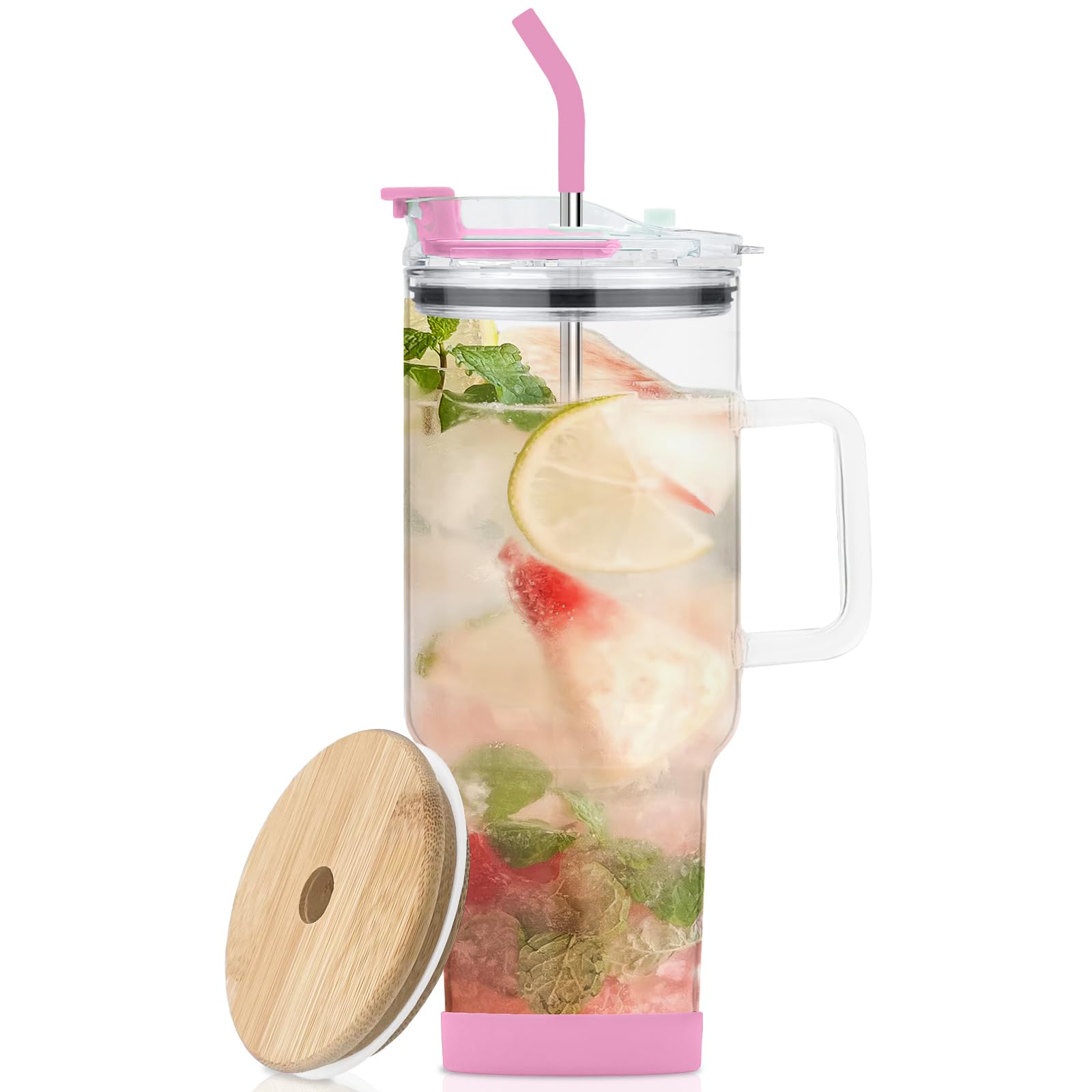 Amazon.com: AiHeart Glass Tumbler with Lid and Straws,40oz Glass Cup with  Handle,Drinking Glasses with Silicone Coaster,Glass Water Cup,Smoothie Cup, Beer Cup,Ice Coffee Cup,Fits In Cup Holder(Pink) : Home & Kitchen