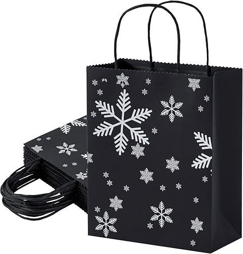 Katfort Bolsas de regalo de copo de nieve a granel, 20 unidades, 8 x 3.7 x 9.4 pulgadas, bolsas de regalo negras con asa de tamaño mediano, bolsas