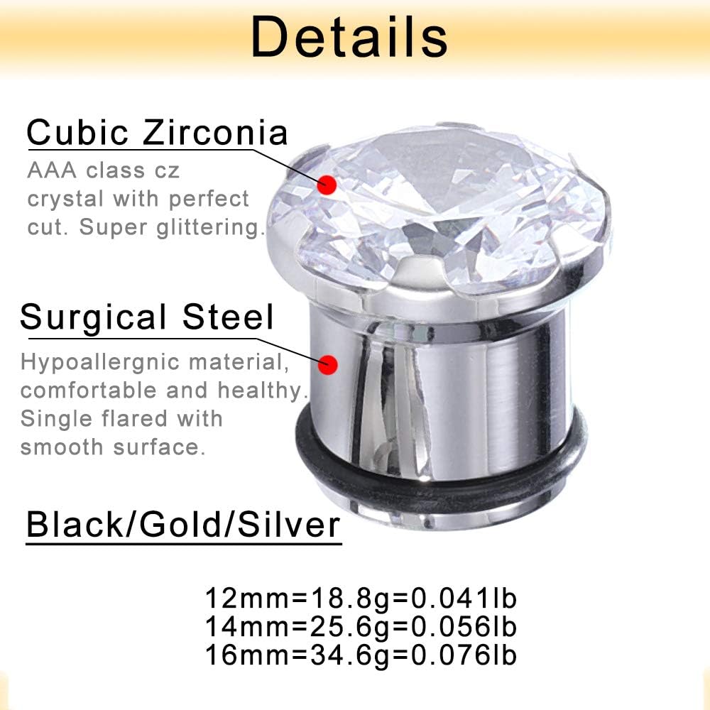 Pair Clear CZ Zirconia Prong Set Ear Plugs Gauges Stainless Steel with Silicone O-Ring Stretcher Expander - Image 3