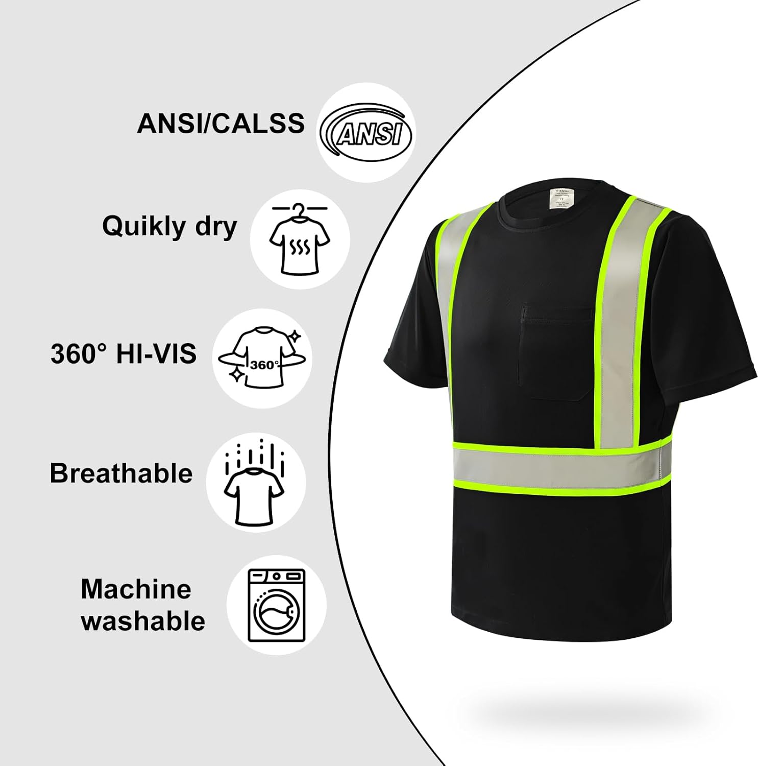 wefeyuv Hi Vis Shirts for Men Quick Dry Safety T Shirts with Pocket and 3 Reflective Strips Short Sleeve Mesh High Visibility Construction Work Class 2 Shirt for Men/Women Black XL - Image 5