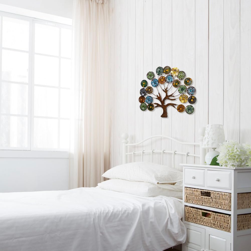 dreamskip Metal Wall Art Modern Large Tree of Life Wall Art with Multi Colored Leaves Handcrafted Outdoor Wall Decor Wall Sculpture for Living Room, Bedroom, Home, Garden (24.5 Inches)