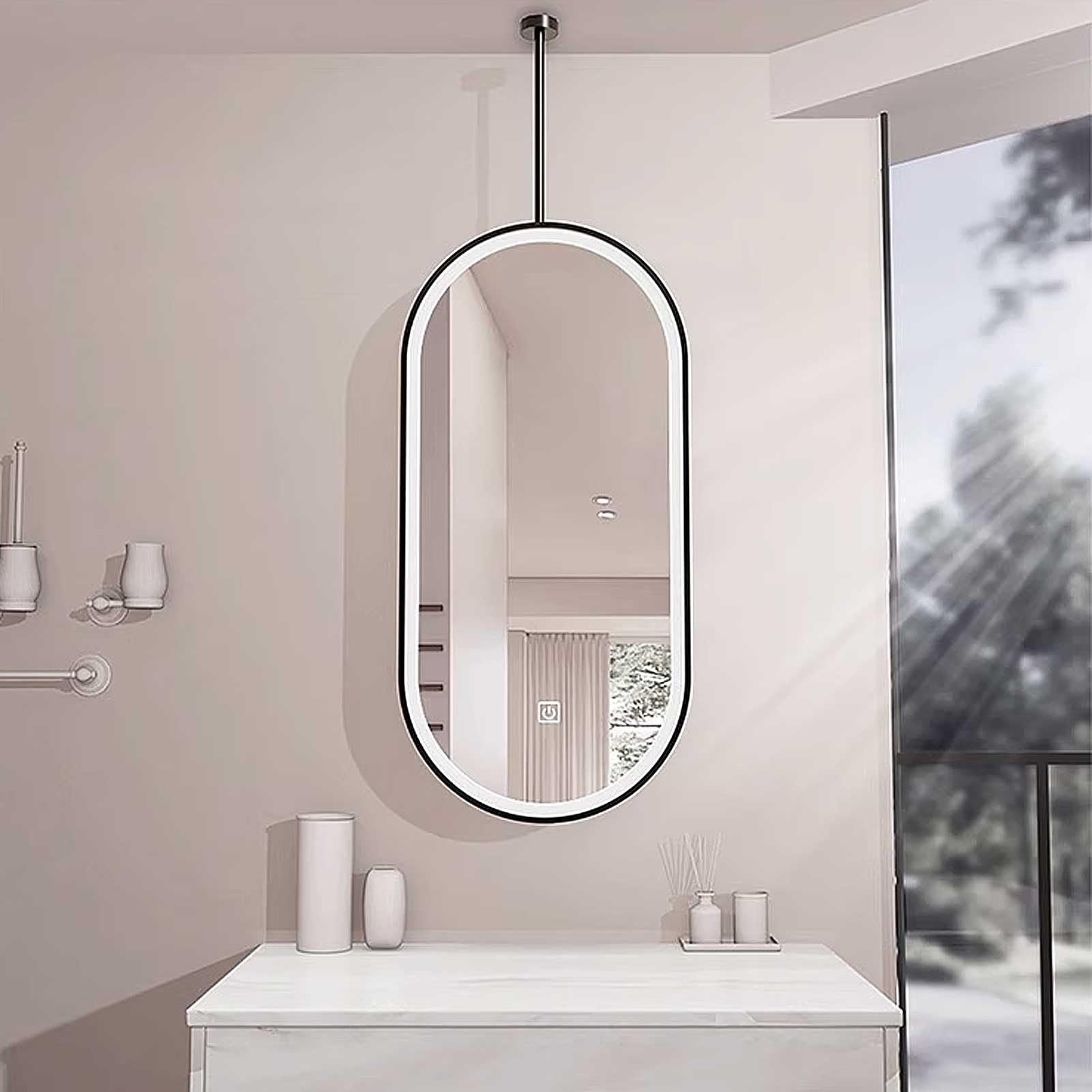Sxbhdm Black Oval Ceiling Hanging Floating Mirror With Metal Frame, Led Bathroom Vanity Make-Up Mirrors With Lights, Ceiling Mounted Mirrors, Home Decorative Mirror(,40Cmx60cm)