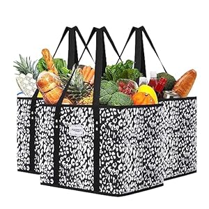 Reusable Grocery Bags, Shopping Cart Bag,Heavy Duty,Hard Bottom Foldable Trunk Organizer,Set of 3 (Black Leopard)