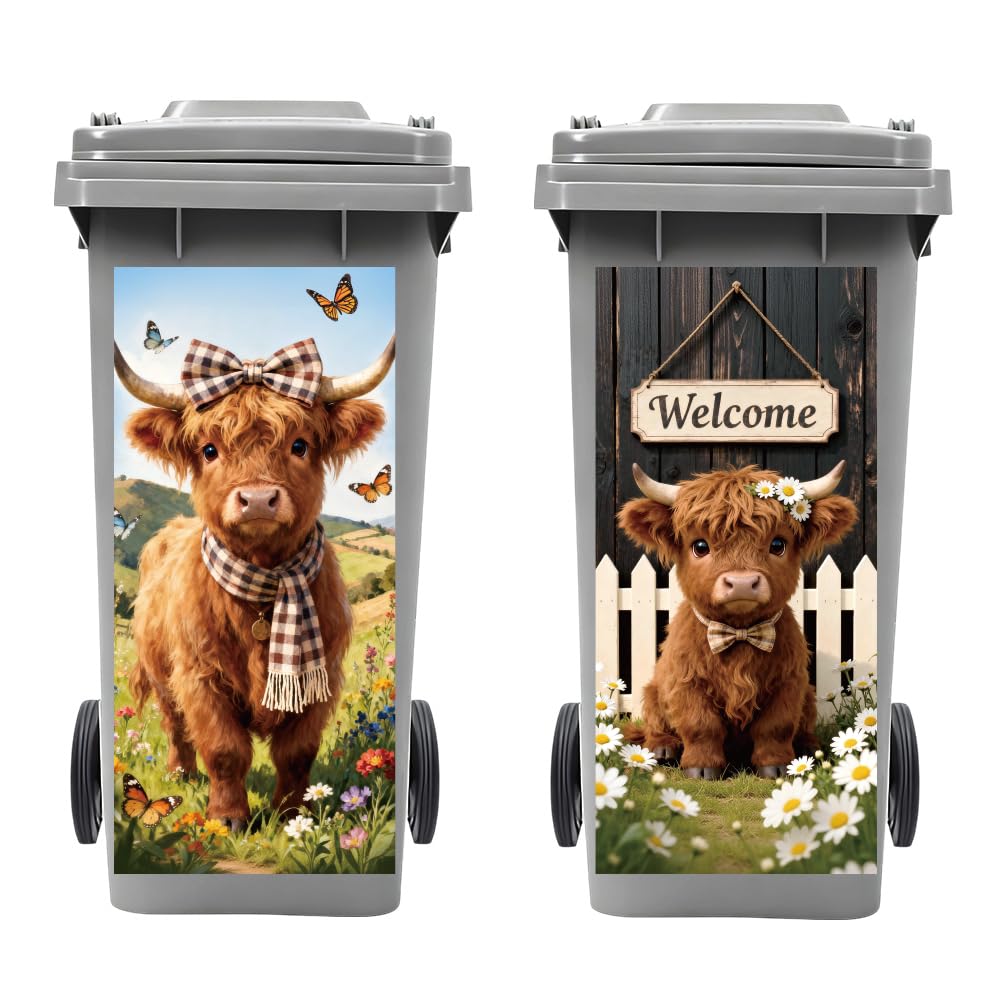Peacoblue Wheelie Bin Stickers 2 Sheets Highland Cattle with Wildflowers Sticky Dustbin Stickers Decals, 15"x 32" Waterproof Large Wraps for Bins, Fridge, Wall Outdoor Indoor, Home Decoration