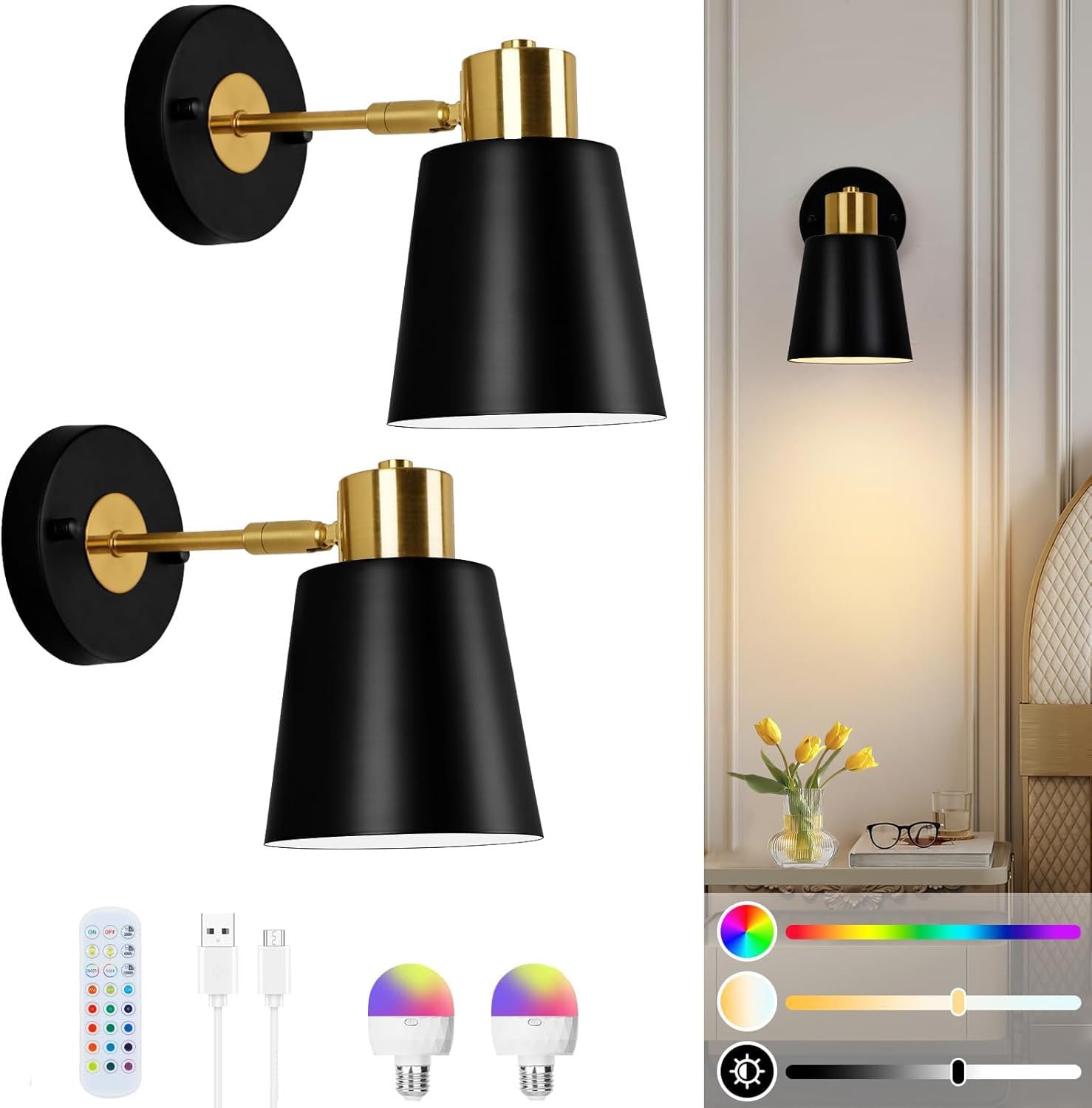 Lampop Battery Operated Wall Lights Indoor Rechargeable Wall Lights, Wireless Wall Sconces Set of 2, with Detachable Bulbs and Remote, Black Wall Light for Bedroom Living Room