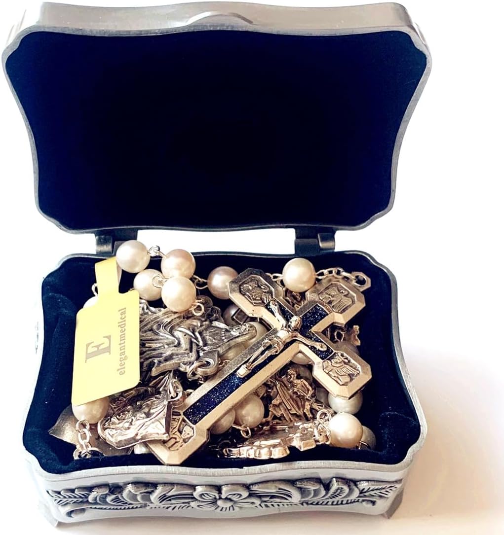 elegantmedical Stations of the Cross Prayer Rosary Real White Pearl Beads Necklace Catholic Gifts Box