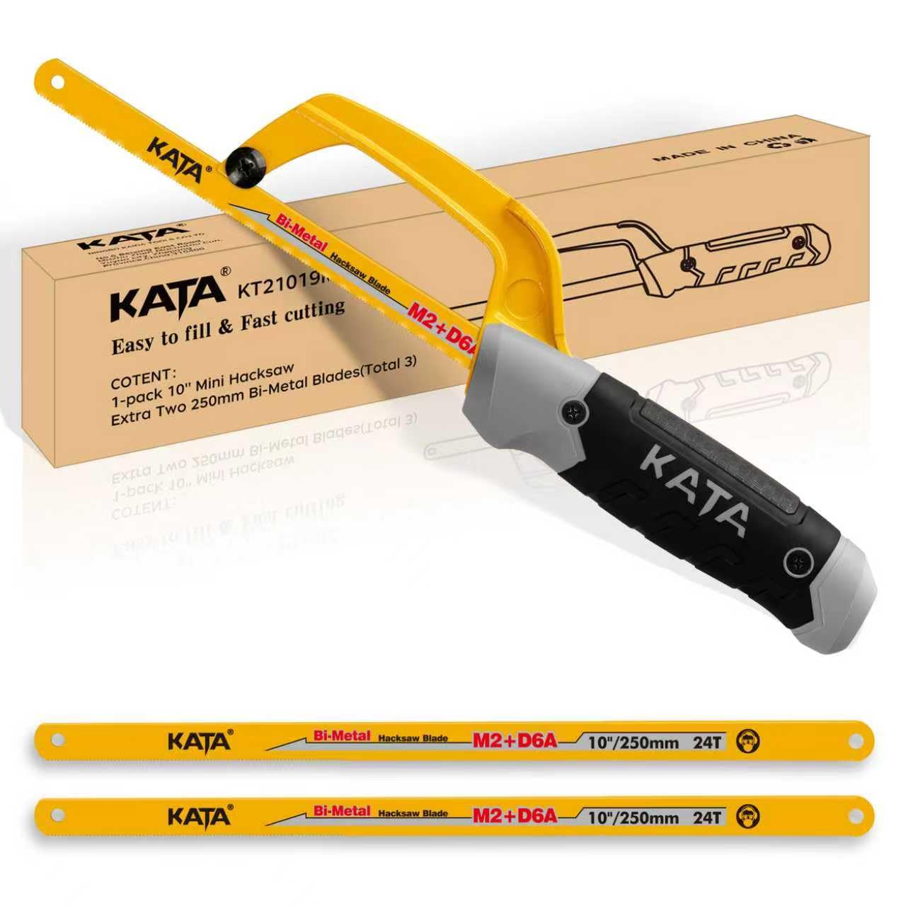 KATA Hacksaw, Compact Hand Operating Hack Saw with 10 Inch Aluminum Frame and 2 Piece Extra Flexible Bi-Metal HSS Blades, Suitable for Wood and Metal (Mini Hacksaw)