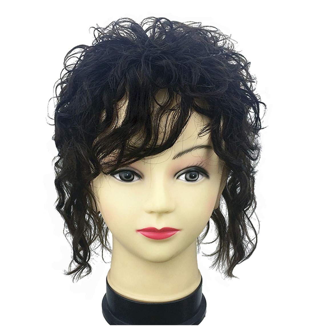 Clip en cabello humano real rizado Topper Hairpiece con flequillo para mujeres con pelo adelgazante, negro