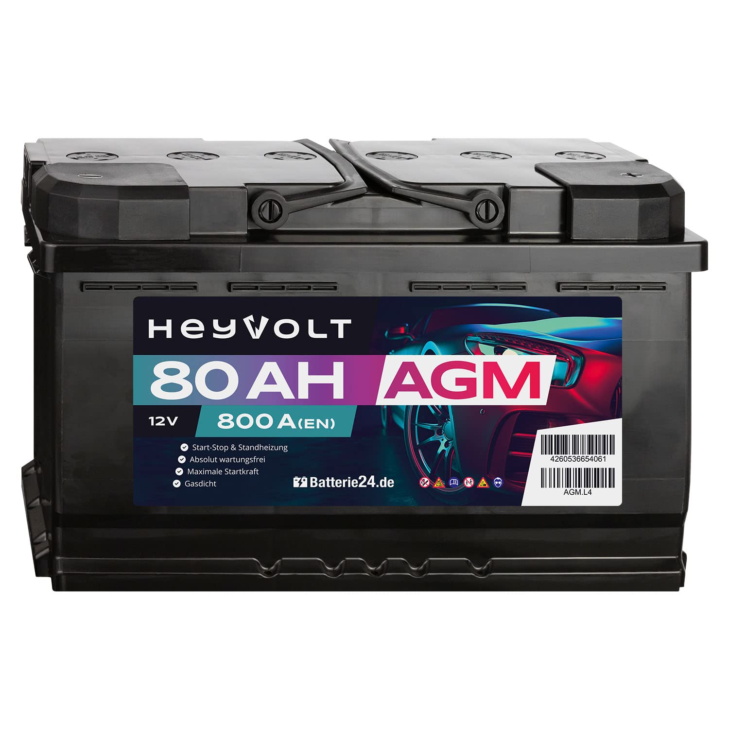 HeyVolt Autobatterie 12V 80Ah 800A/EN AGM Start-Stop, Standheizung geeignet | Starterbatterie, absolut wartungsfrei