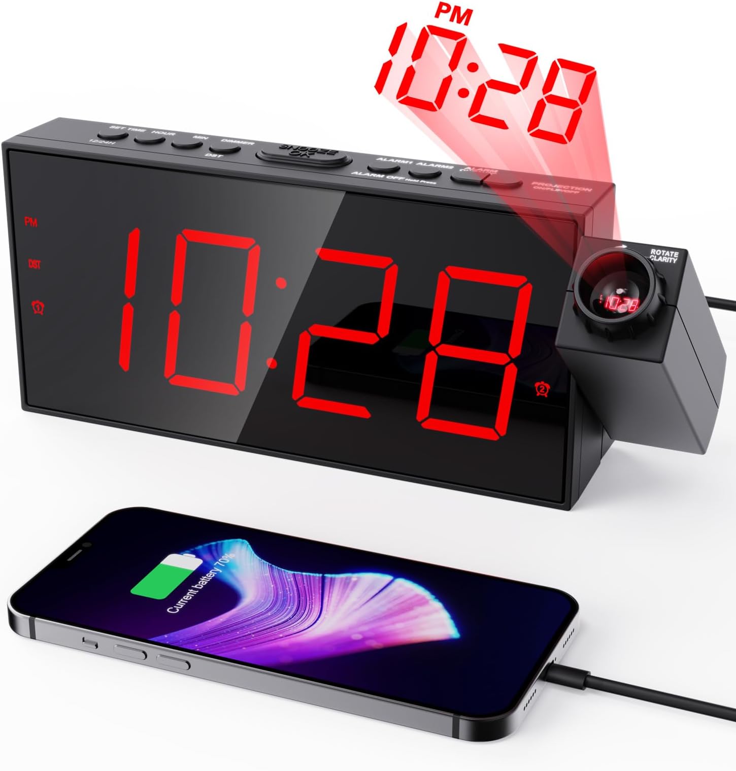 OnLyee Projection Alarm Clock for Bedroom,LED Digital Clock on Ceiling Wall with USB Phone Charging,Battery Backup,180° Rotatable Projector& Dimmer,12/24H,DST,Snooze,Dual Loud Bedside Heavy Sleeper