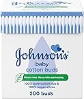 Johnson's Baby Cotton Buds (1 x Pack of 200) Soft & Gentle Ear Buds for Delicate Skin, Made of 100% Pure Cotton and Paper Sticks, Plastic-Free to Clean Delicate Areas, around Eyes and Outer Ear