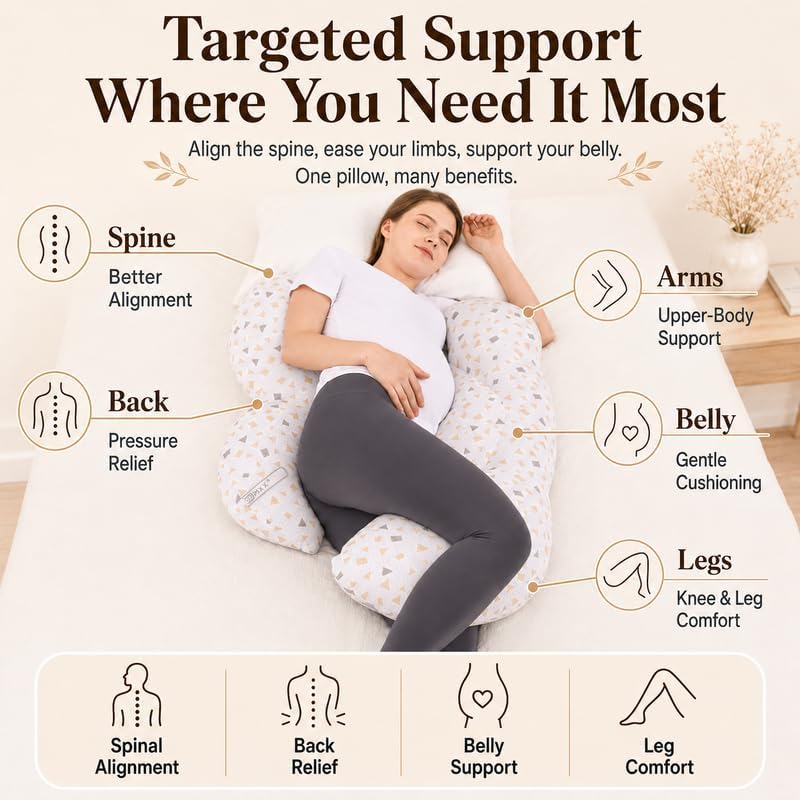 Pregnancy Pillow, Full Body Maternity Pillow | Back, Belly, HIPS & Leg Support, Soft Sleeping Pillow, Detachable & Washable Cover, For Side Sleepers