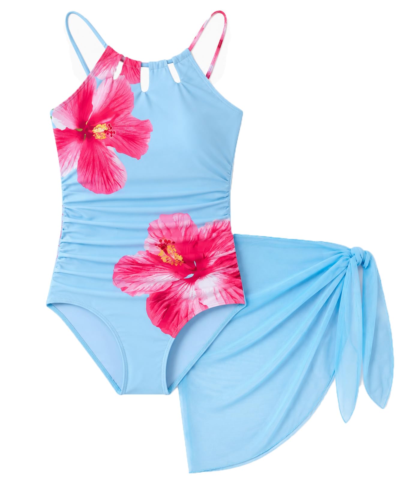 Girls One-Piece Swimsuit Bathing Suit with Cover Ups Size 7-16 | Adjustable spaghetti straps,Cut-out design, Removable chest pads, Swimwear for the beach, swimming pool, Hawaiian vacation