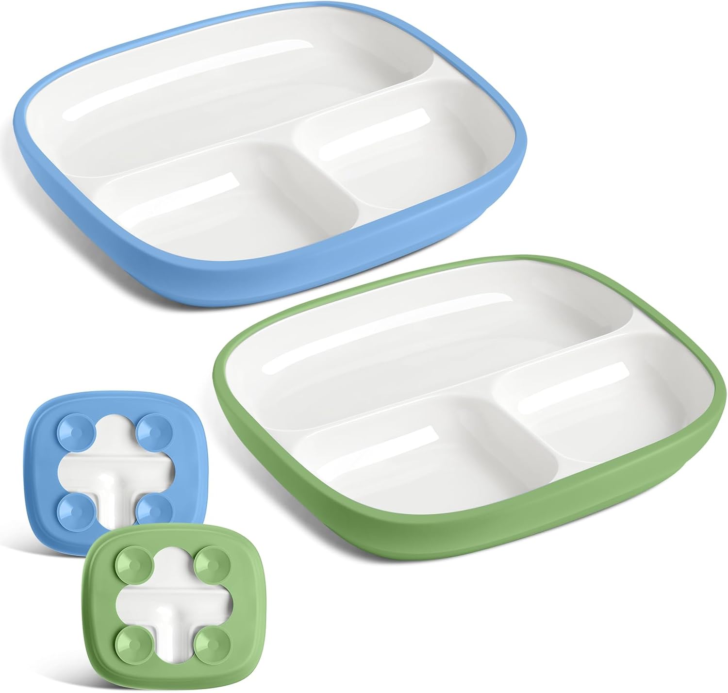 Domensi 2 Set Kids Porcelain Plates with Silicone Sleeves 8.2 Inch Divided Porcelain Plate Toddler White Suction Dishes for Baby Troubleless Eating Microwave Dishwasher Safe (Vivid)