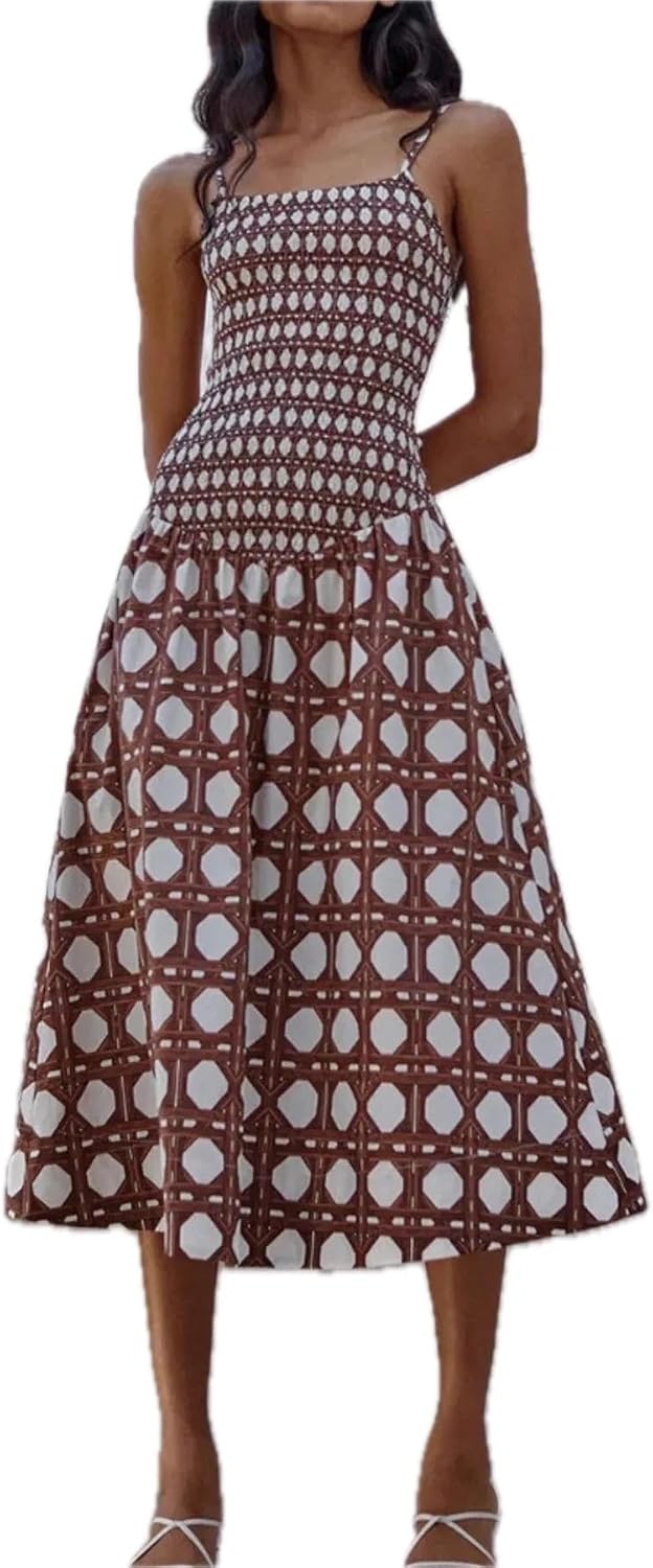 Women's Geometric Pattern Cami Midi Dress Smocked Stretch Bodice Lightweight Flowy Silhouette 100% Polyester Fabric