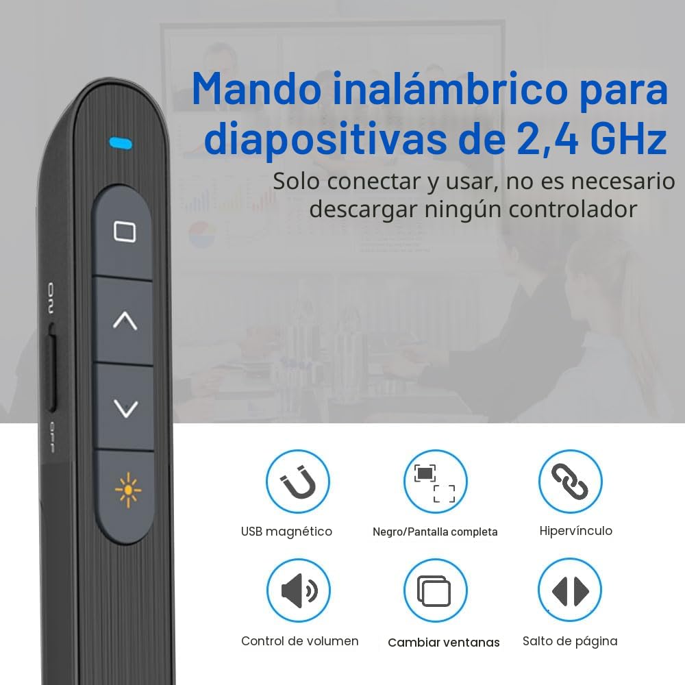 Puntero Presentaciones con Hipervínculo y Volumen, 2,4 GHz Presentador Inalambrico Pasador Diapositivas Mando Distancia Powerpoint Remote Presenter para Computadora PPT Windows Linux Vista