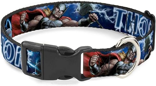 Collar de perro Clip de plástico Avengers Thor Hammer Action Pose Galaxy Blues Blanco 15 a 26 pulgadas 1.0 pulgadas de ancho