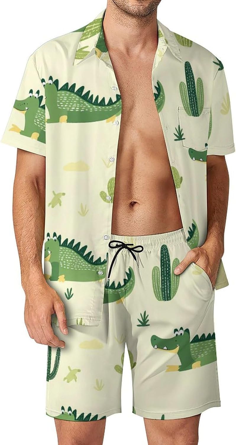 Alligators Cactus Men's Summer Beach 2 Piece Outfits | hawaiian button down shirt and shorts,vacation cruise,mens bathing suit