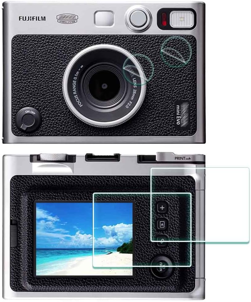 Screen Protector for Fujifilm Instax Mini EVO Fuji Instant Camera LCD + Lens PET Flim [2+2Pack] Tempered Glass 9H Hardness Anti-Scrach Anti-Bubble