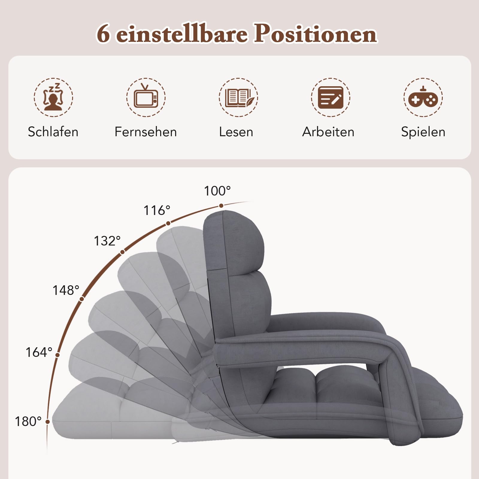 GOPLUS Bodenstuhl, gepolstertes Bodensofa mit Armlehnen & 6-Fach Verstellbarer Rückenlehne, Bodensessel mit Metallrahmen, Meditationsstuhl Lesesessel Loungesessel für Wohnzimmer, Grau