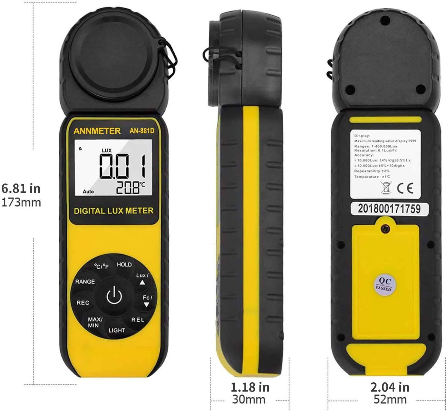 AIOMEST Luxmetro Digitale Portatile, Rilevatore di 0,01~400.000 Lux Rotante, Misuratore di Illuminamento a 270° per Luce di Crescita Delle Piante, Luci esterne per Interni, Acquario, AI-881D, Giallo