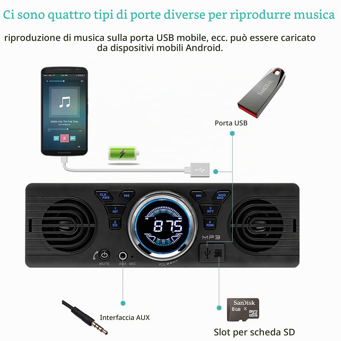 1 DIN Bluetooth Autoradio con Due Altoparlanti Universale 12V FM MP3 Autoradio Bluetooth Chiamata in Vivavoce Auto in-Dash Car Stereo