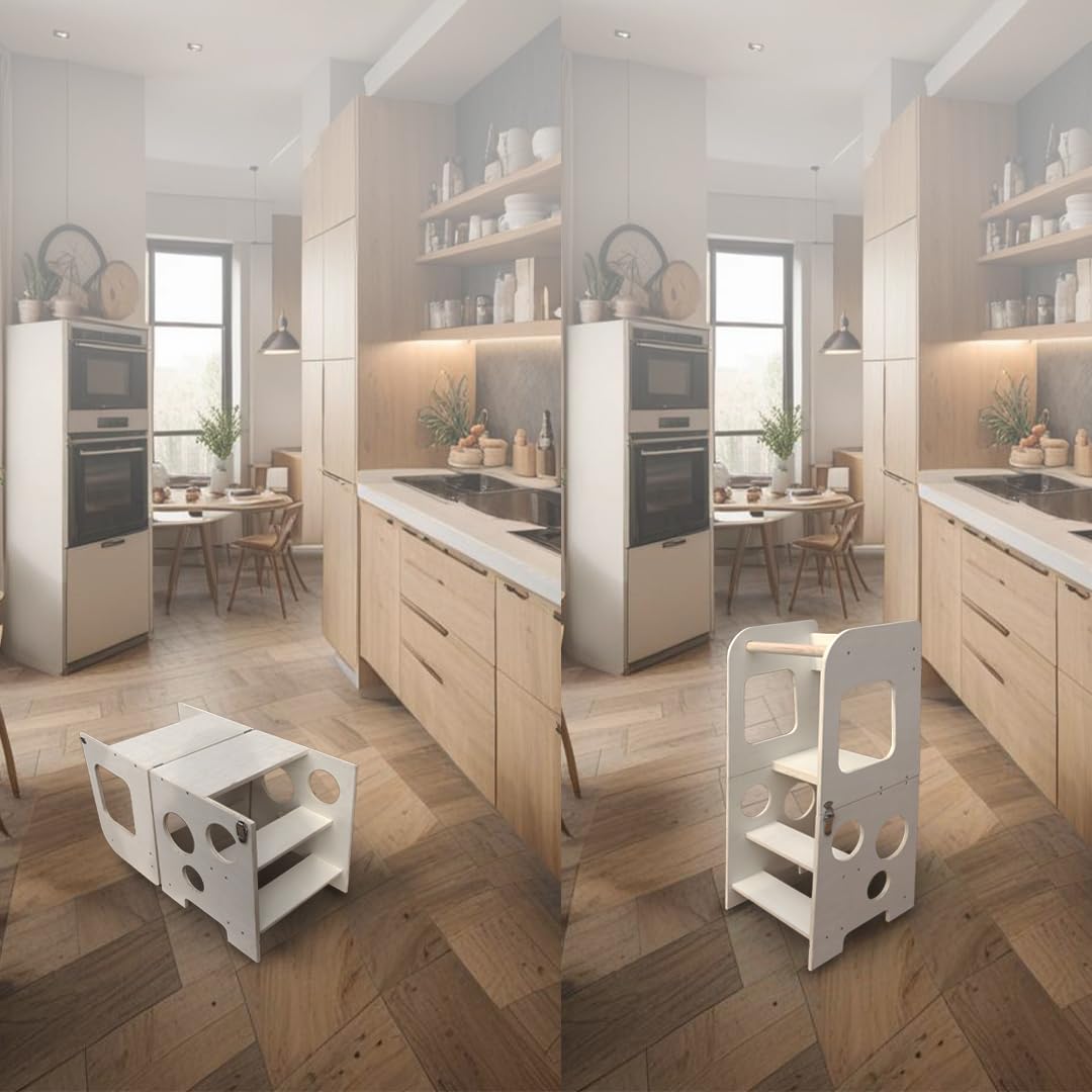 Torre de Aprendizaje Plegable Montessori 2 en 1 - Torre Aprendizaje Multifuncional para Bebés y Niños Convertible en Taburete y Mesa Infantil – Torre Montessori de Madera Natural Fabricada en España