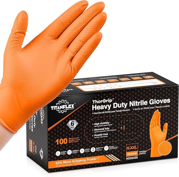 Image of TitanFlex Heavy Duty Orange Nitrile Gloves, 6 Mil, Raised Diamond Texture, Mechanic Disposable Gloves, Latex Free Powder Free
