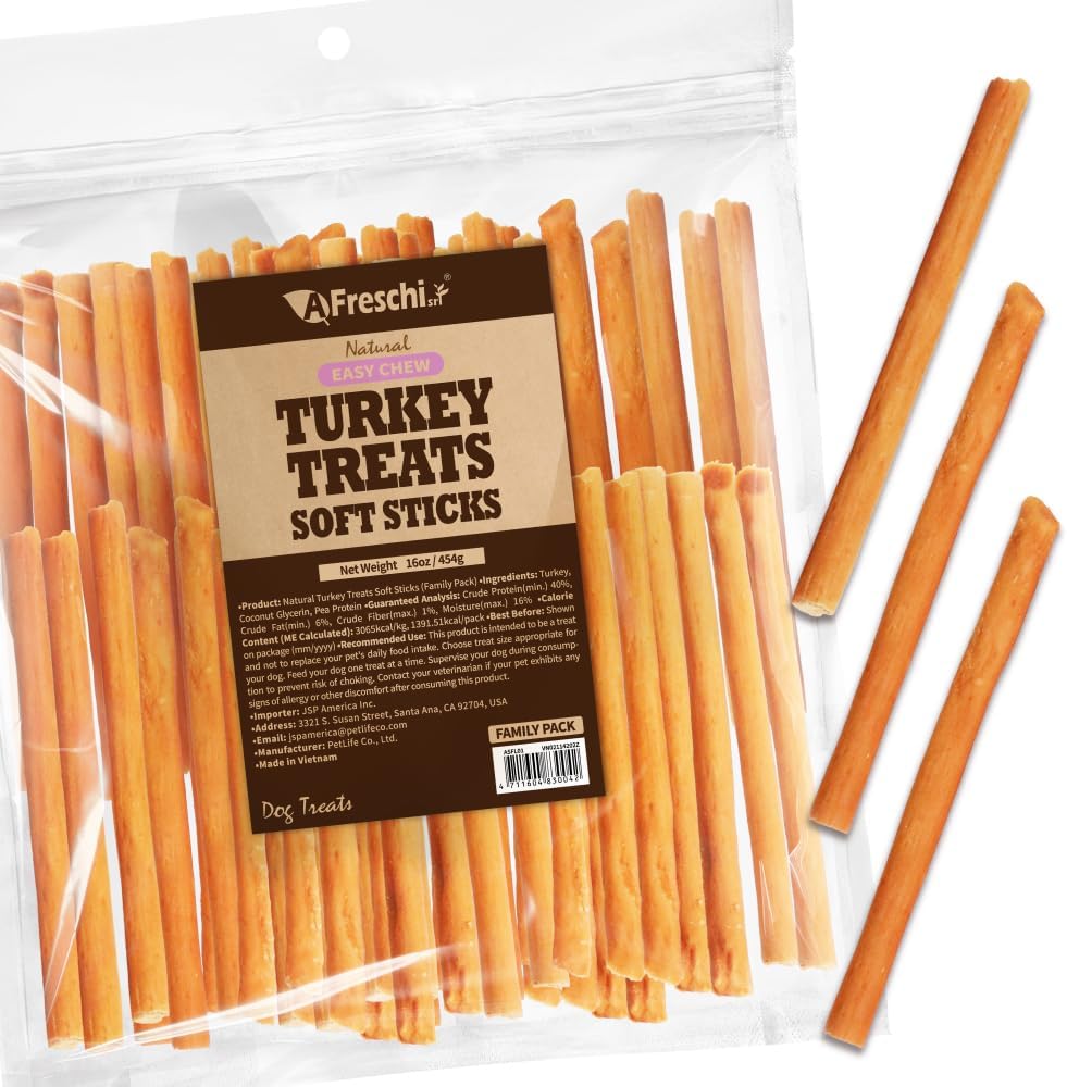 A Freschi srl Soft Turkey Dog Treats, USA-Sourced Trukey, All-Natural, Hypoallergenic, High-Protein, Low-Fat, Healthy & Easily Digestible, Puppy & Training Snack, Stick 16oz