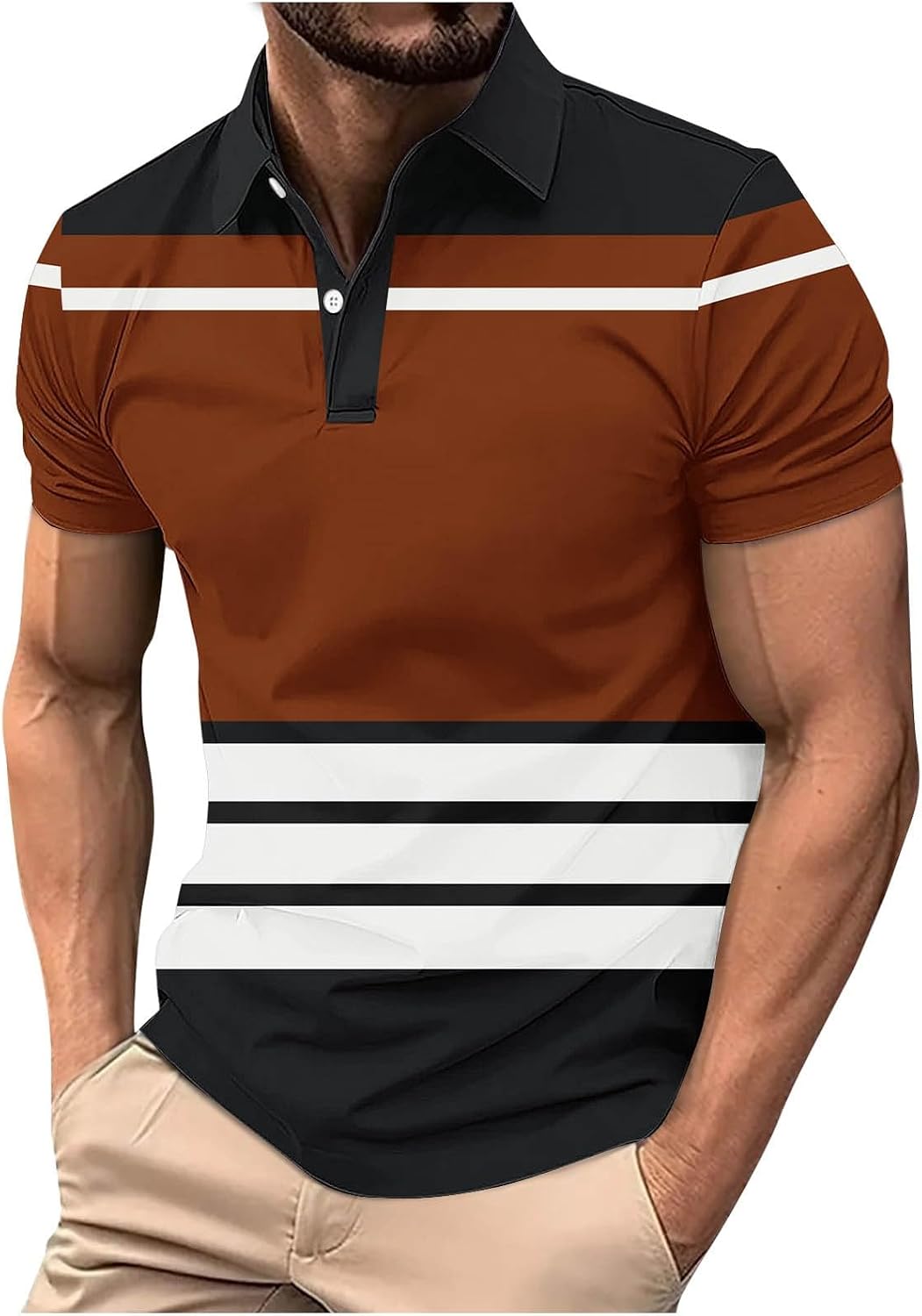 Men's Athletic Shirts Golf Tees Fashion Contrast Striped Short Sleeves Button up Lapel Loose Comfy T-Shirts Tops