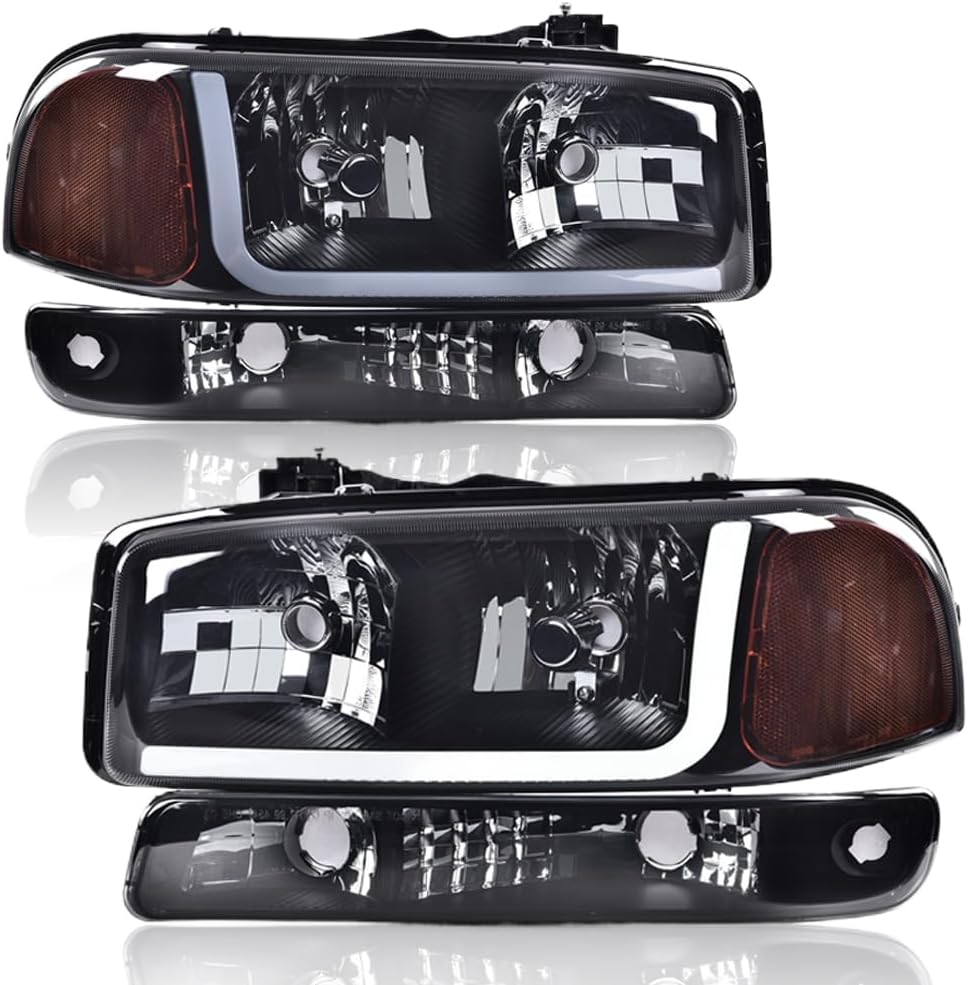 PIT66 LED Headlight Assembly, Compatible with GMC Sierra 1500 1999-2007, Fit Sierra 1500HD 2500HD 3500 2001-2007 Fit GMC Yukon XL 1999-2006, Smoke Lens Black Housing Amber Reflector