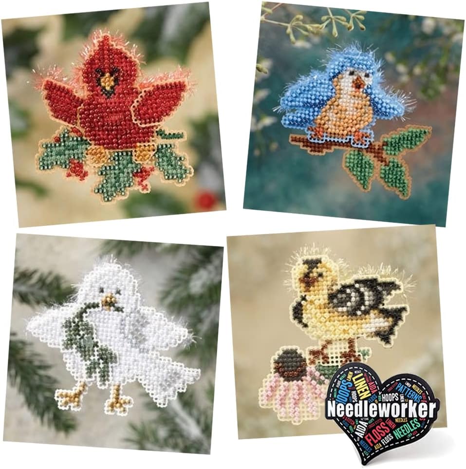 Seasonal Birds Mill Hill Beaded Ornament Kits - Set of 4, Plus Decorative 'Needleworker' Sticker