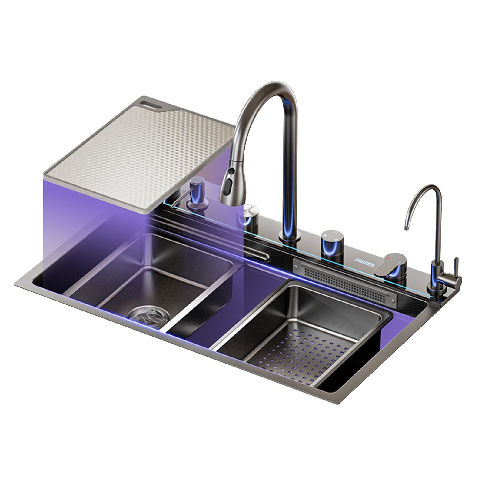 ZQFHSX Modern Waterfall Sink Kitchen Undermount Single Bowl Stainless Steel Farmhouse Workstation Multifunctional Smart Tabletop Controls Multiple Accessories