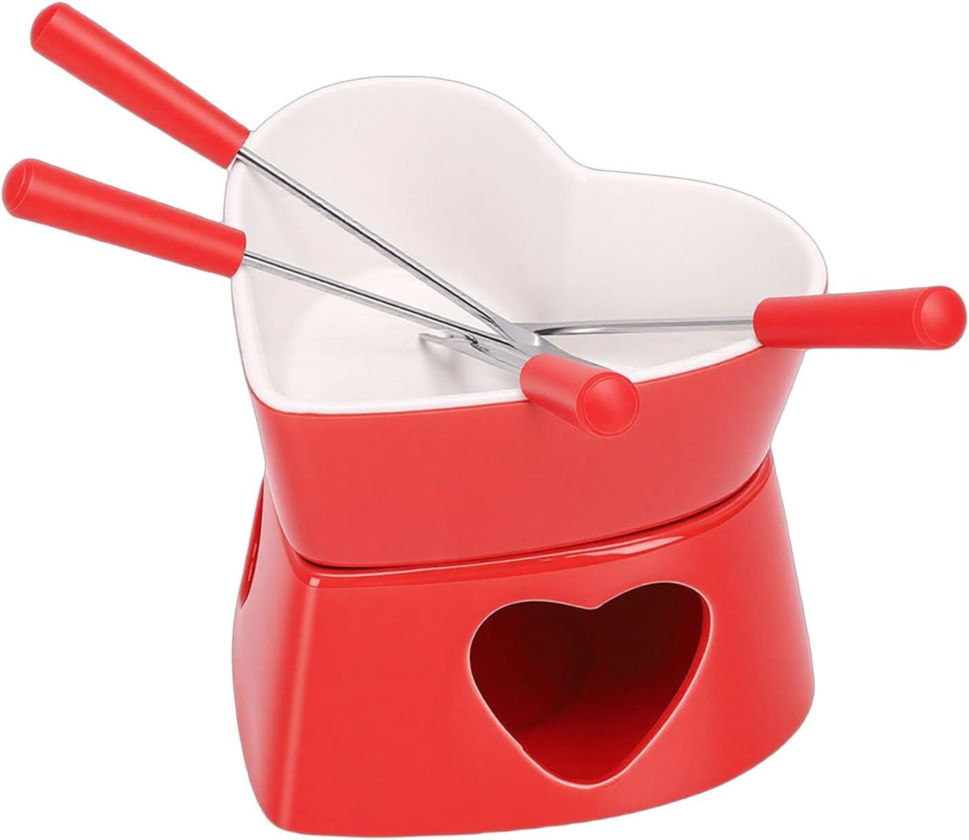 Diydeg Heart Shaped Ceramic Fondue Set, Romantic Chocolate and Cheese Fondue Pot with Removable Design for Dipping Fruits, Marshmallows, Bread, Ideal for Date Night and Parties