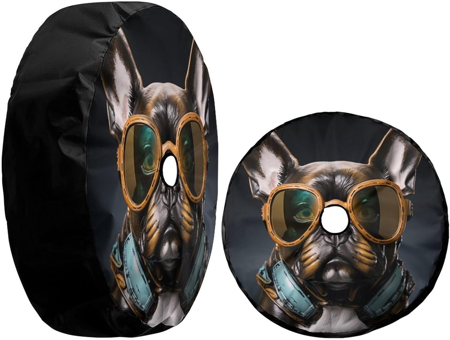 Delerain Spare Tire Cover with Backup Camera Hole French Bulldog Sunglass Wheel Covers Waterproof Dust-Proof UV Sun Universal Fit for Jeep Trailer RV SUV Truck (17 Inch for Diameter 31"-33")