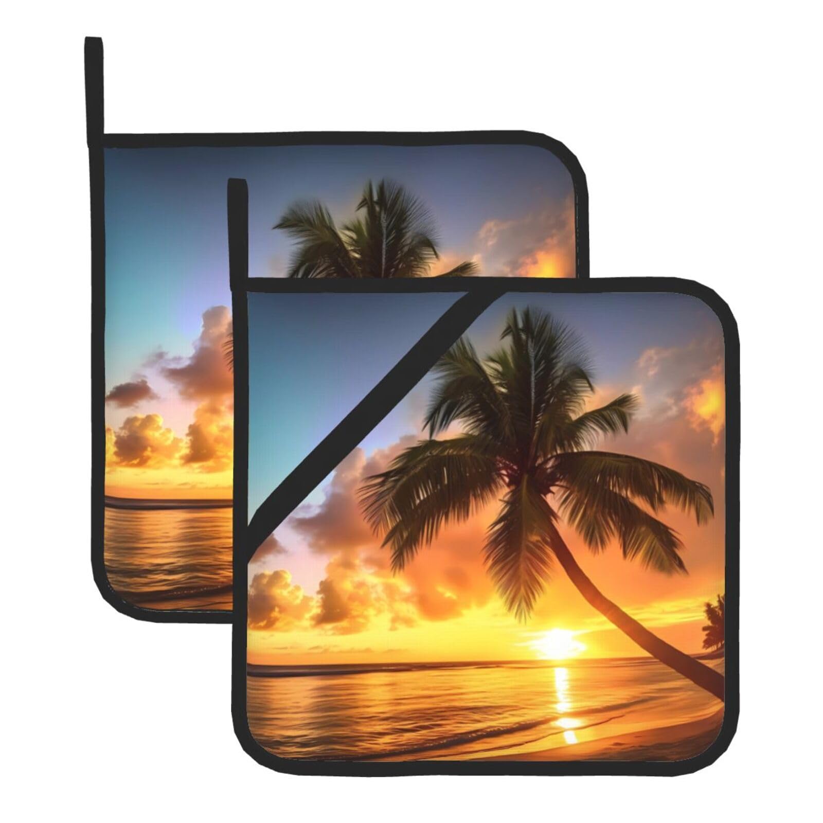 Sunset Hawaiian Palm Tree Large 8x8 in Pot Holders Sets Heat Resistant Potholders Hot Pads Kitchen,Non-Slip BBQ for Kitchen,Cooking,Baking,Grilling