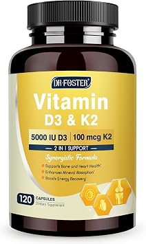 DRFOSTER Vitamin D3 & K2 High-Potency 125mcg D3 & 100mcg K2?MK7 Bone Strength, Heart & Immune Support Plus Zinc, Boron & MCT Powder 120 Capsules, Non-GMO, Gluten-Free