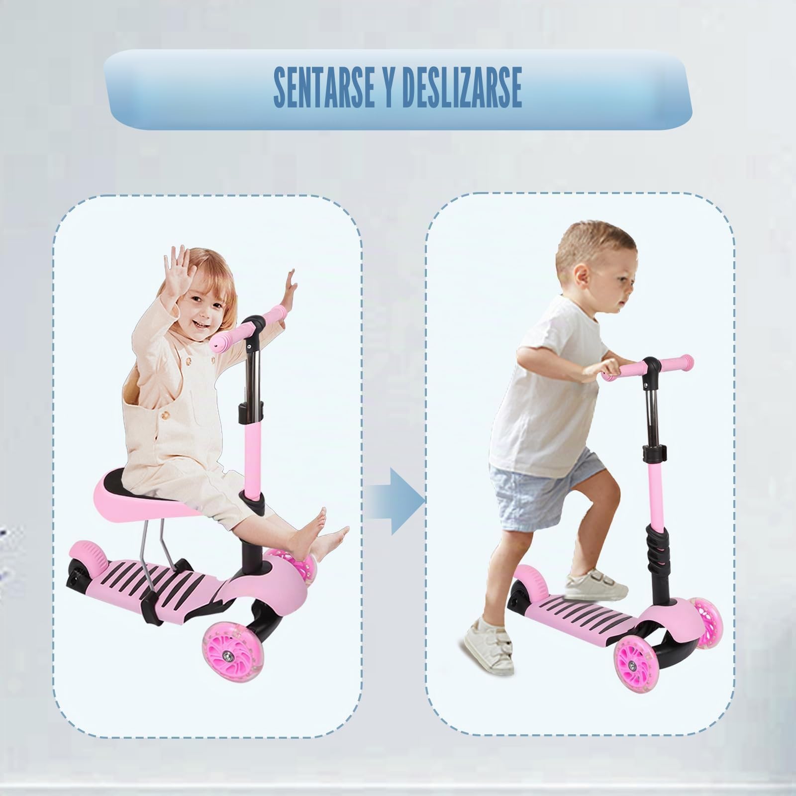 Patinete para niños Patinete 3 ruedas escalable 5 en 1 altura manillar ajustable bastón telescópico Sillín Respaldo extraíble para niñas y niños