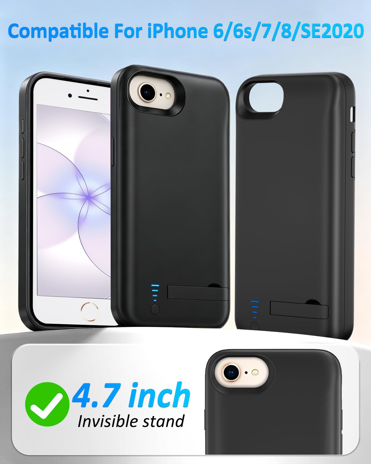 Akkuhülle für iPhone 8/7/6S/6/SE 2020(4.7",6000mAh), Schlanke Wiederaufladbare Erweiterte Ladehülle, Tragbare Schutzhülle mit Akku Hülle für iPhone SE 2020/7/6S/6/8/2022
